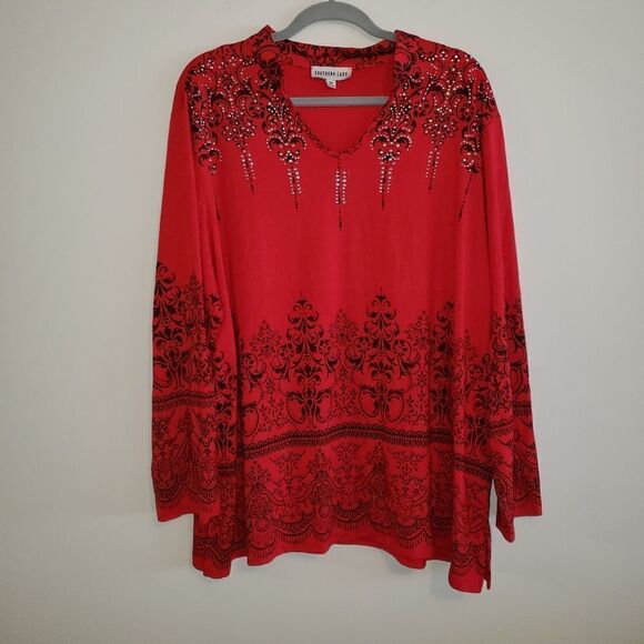 SOUTHERN LADY RED & BLACK PRINT WITH EMBELLISHMENTS BLOUSE TOP SIZE 3X - Picture 1 of 5